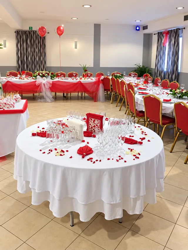 La table de l'apéritif, avec la salle des fêtes dressée derrière
